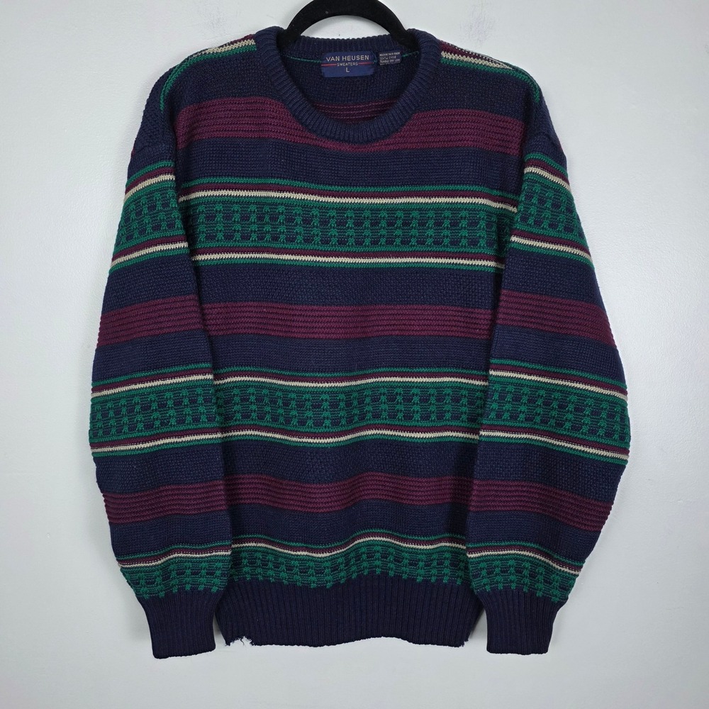 Van Heusen 3D Knit Sweater Size L Navy Burgundy Green Striped Knit Pullover